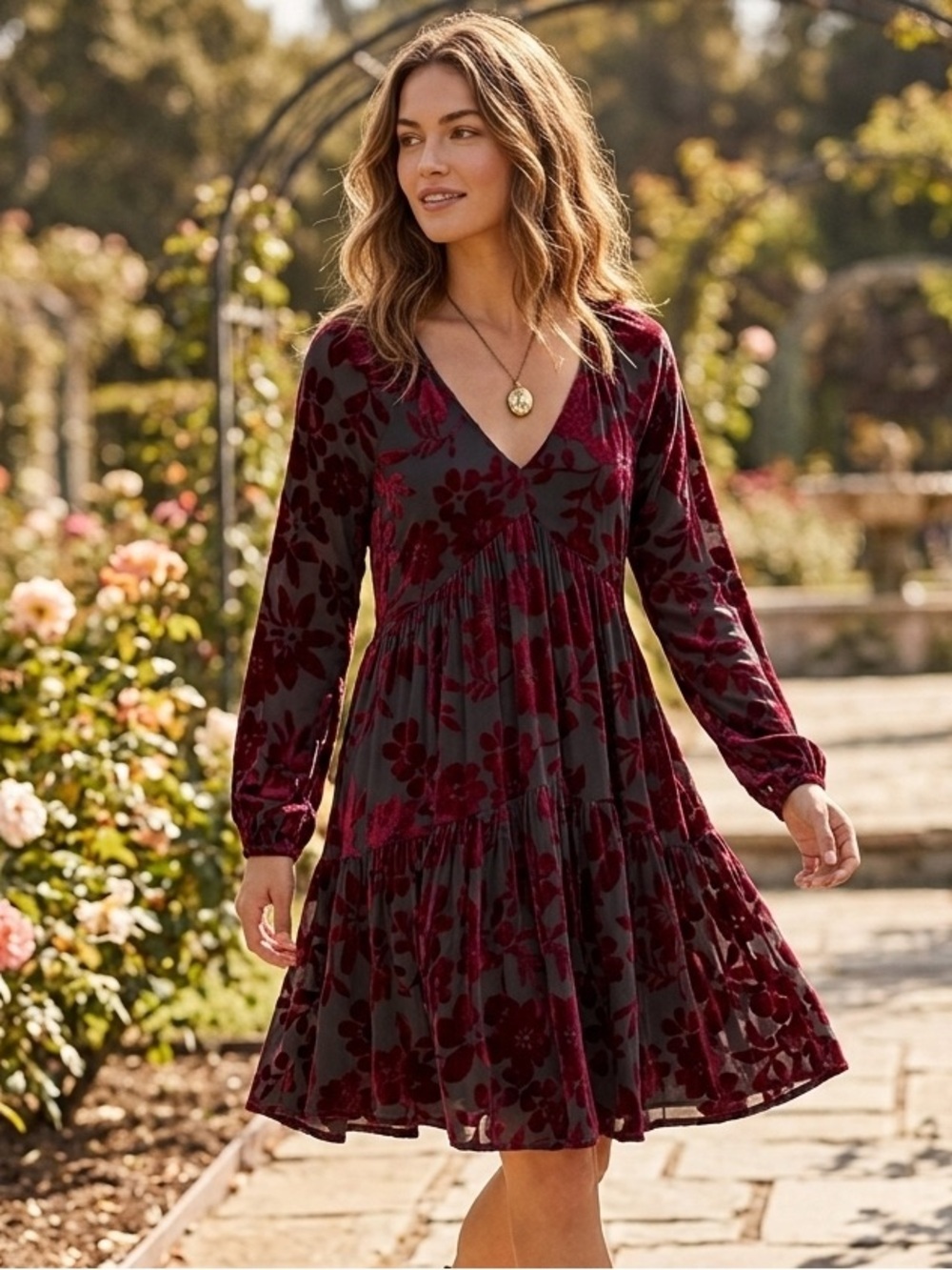 Taylor Dark Red Velvet Burnout Whimsigoth Dark Red Babydoll Fairy Dress Size 2